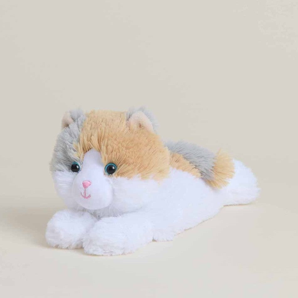 Fluffy, multicolored cat plush toy on a plain background.
