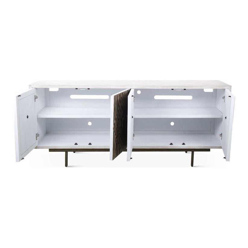 White TV stand with open doors and shelves.
