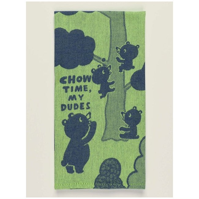 Bears climbing a tree with "Chow Time, My Dudes" text on a green fabric.
