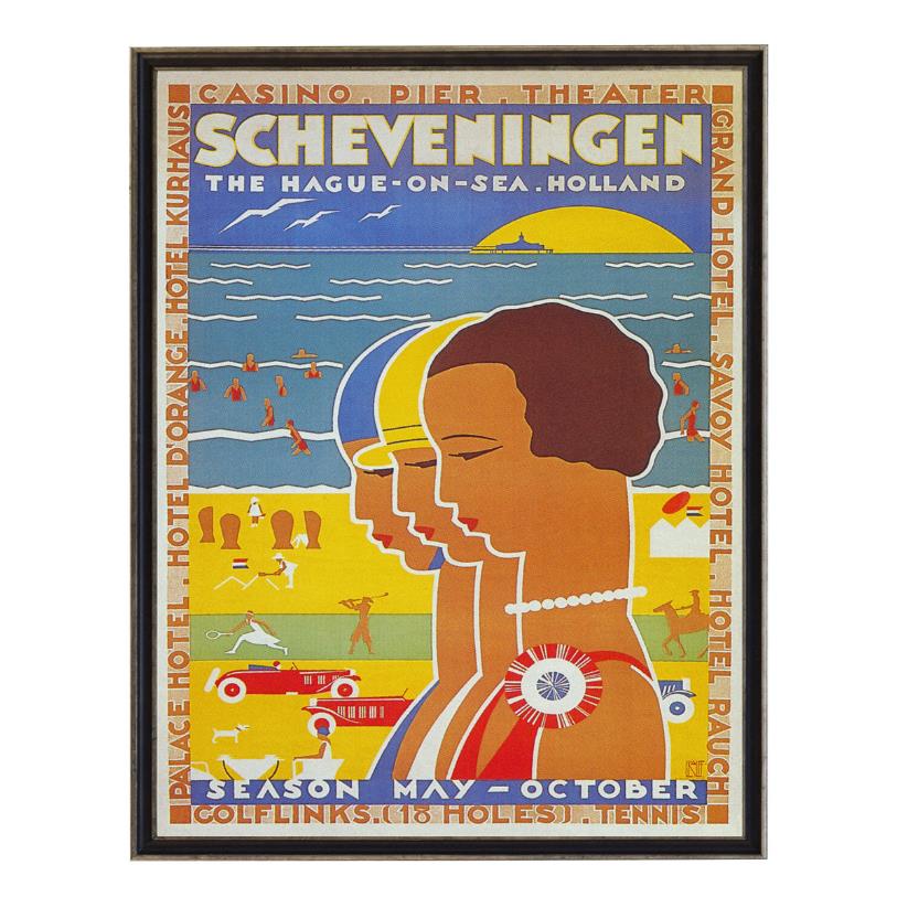 Colorful vintage travel poster for Scheveningen, The Hague on sea.
