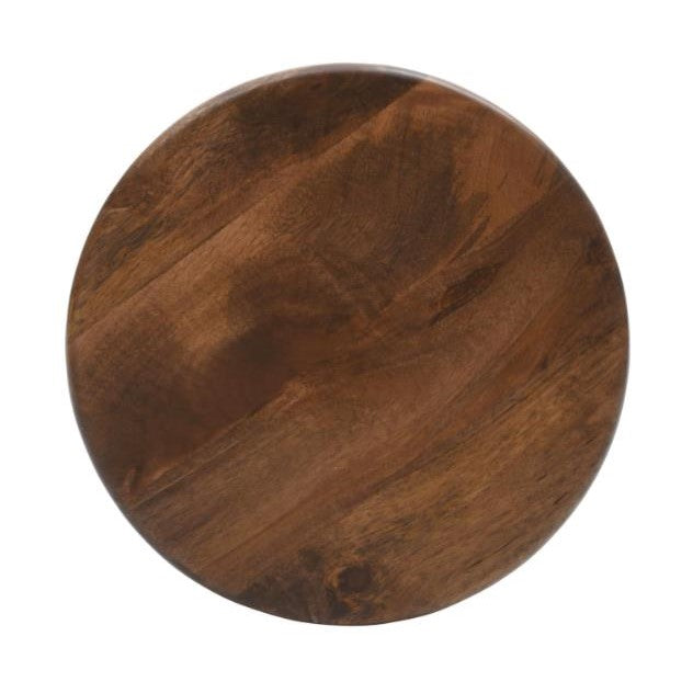 Round wooden board with a smooth, dark finish.