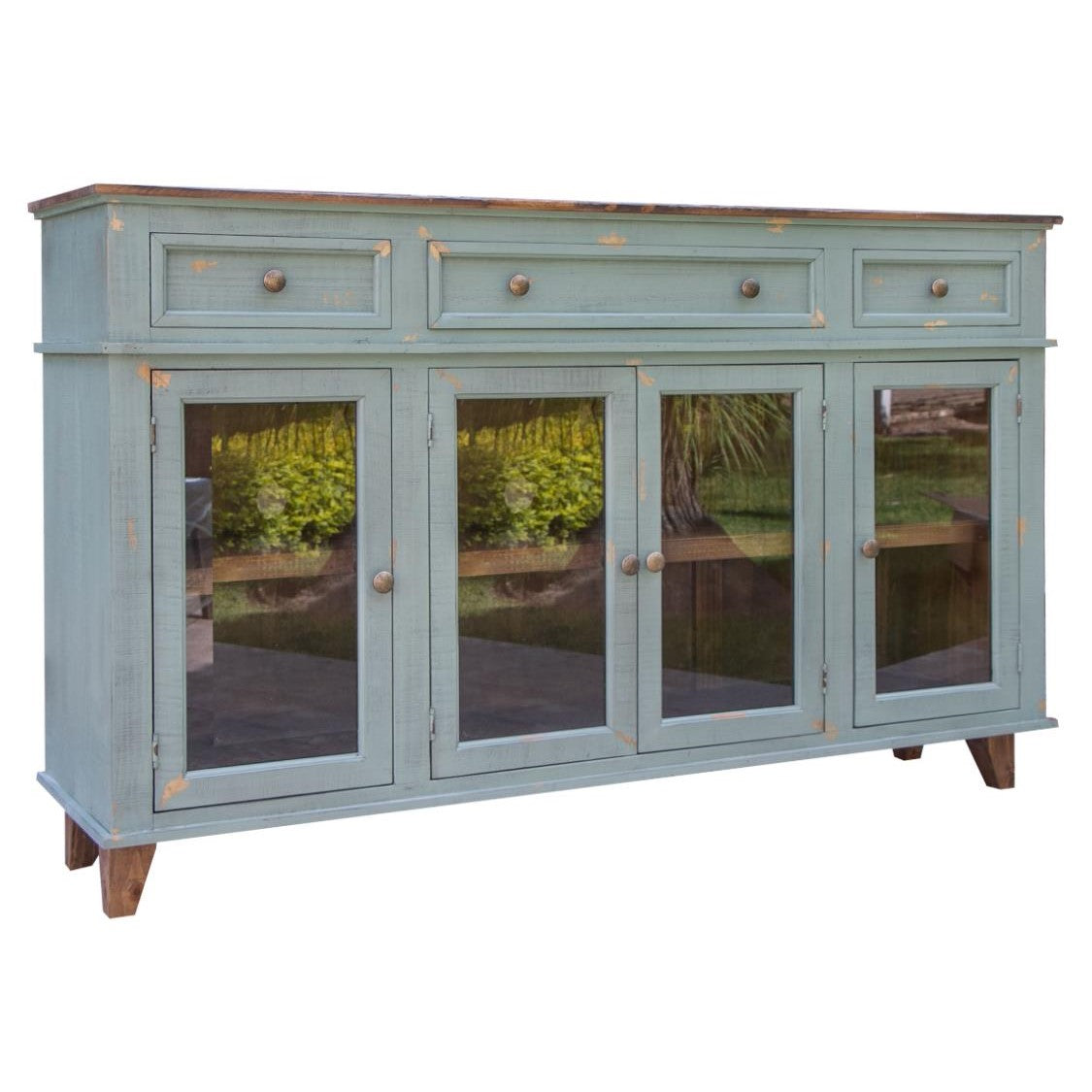 Antique teal cabinet with drawers and glass-paneled doors.