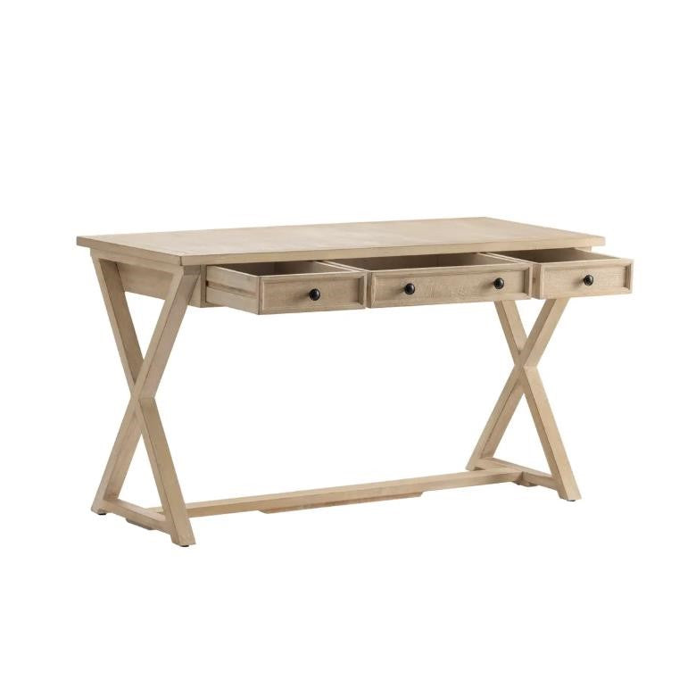 Wooden desk with X-legs and three open drawers.