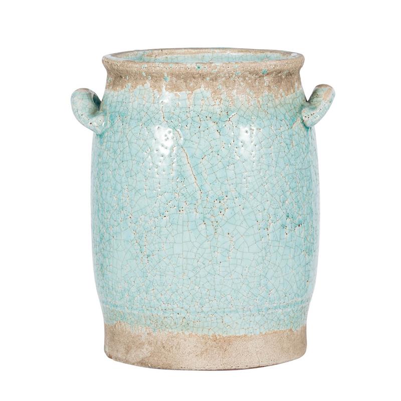 Crackled turquoise vase with ear handles.