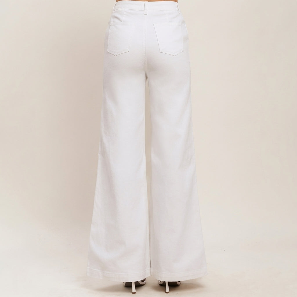 White wide-leg jeans with two back pockets, viewed from behind.
