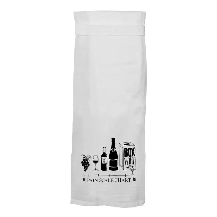 White towel with a humorous wine pain scale chart design.