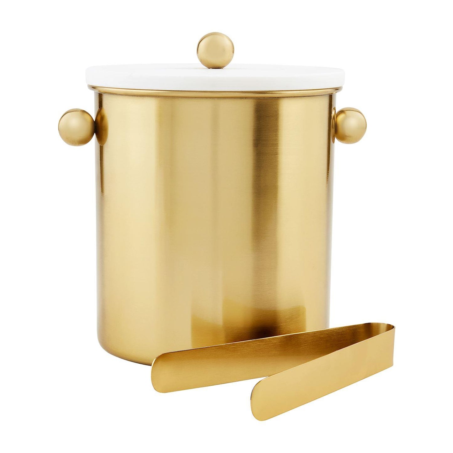 Gold ice bucket with lid and tongs.