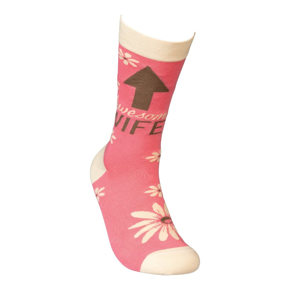 Pink sock with flowers and "Awesome Wife" text.