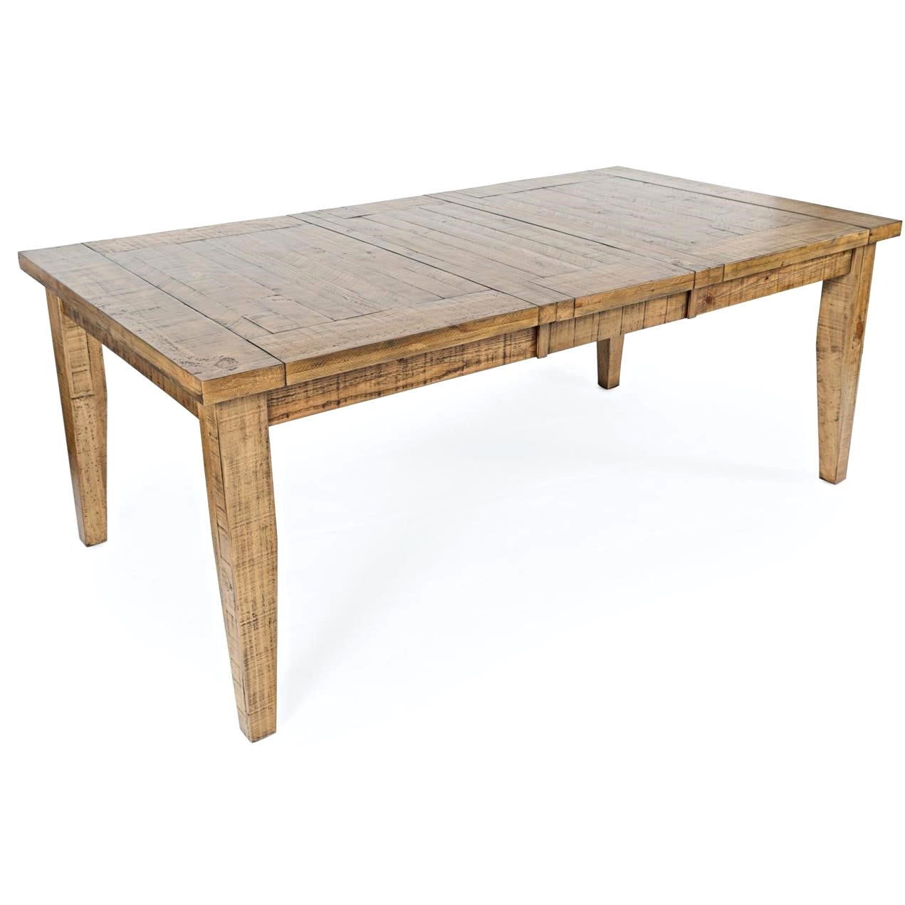 Rectangular wooden table with a rustic finish.