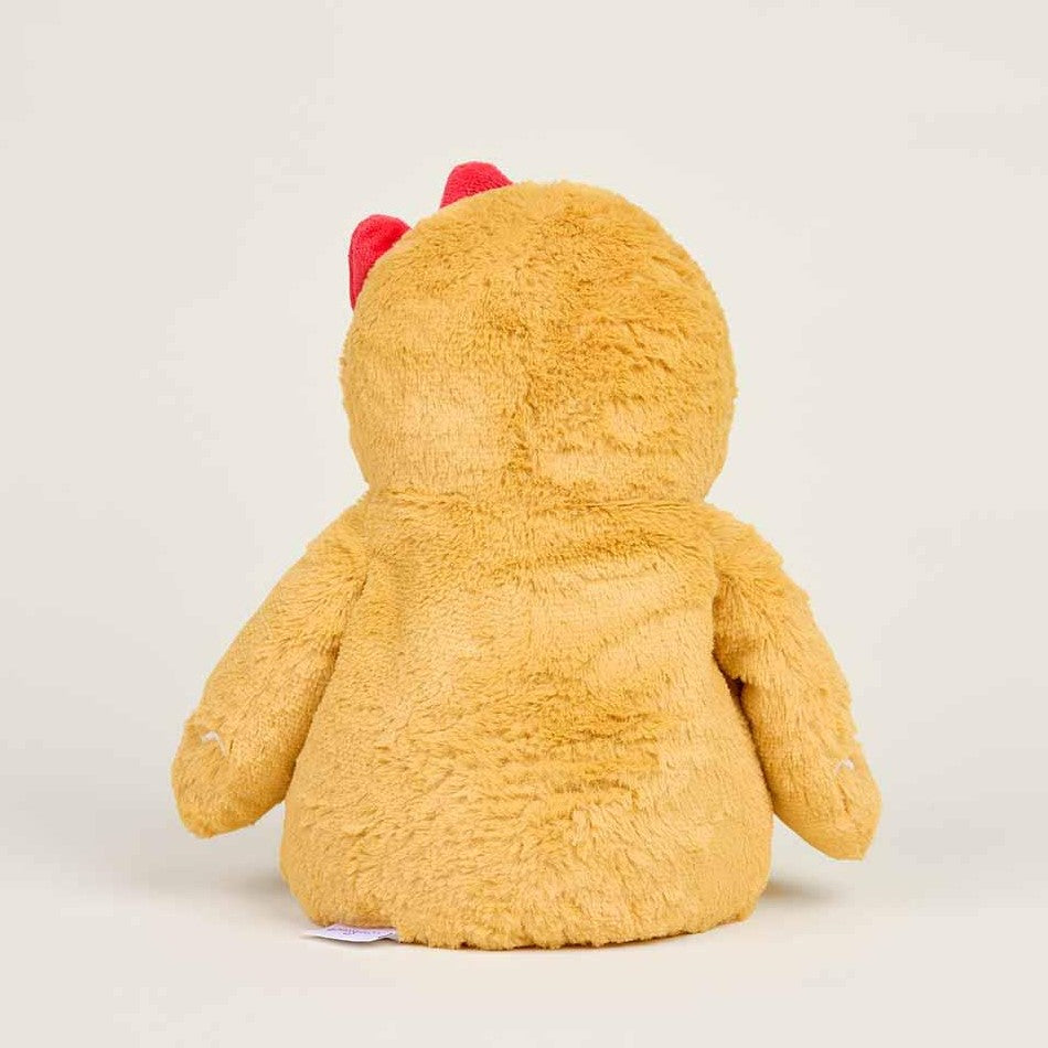 Brown plush toy with red ears, seen from the back.