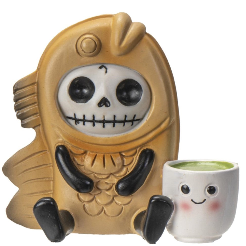 Skeleton in fish suit figurine with a smiling cup.