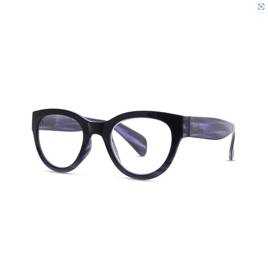 Black cat-eye glasses with subtle purple accents.
