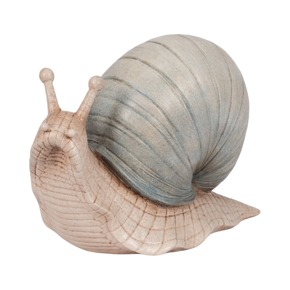 Ceramic snail with a blue-tinted shell.