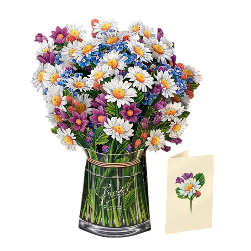 Colorful flower bouquet in a vase with a matching card.