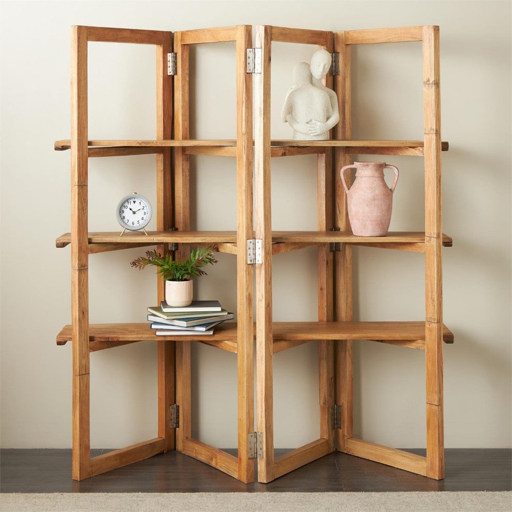 Wooden corner shelf with decor items: vase, clock, books, plant, sculpture.
