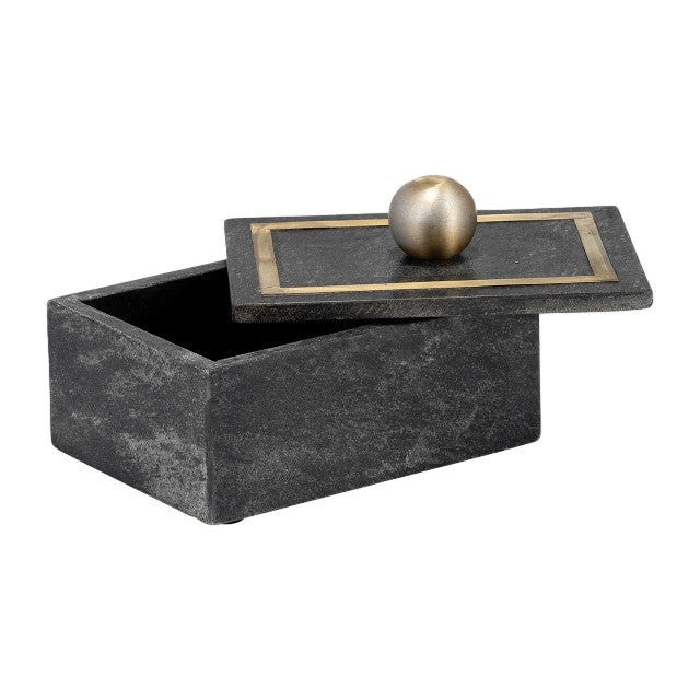 Rectangular stone box with a lid and brass handle.