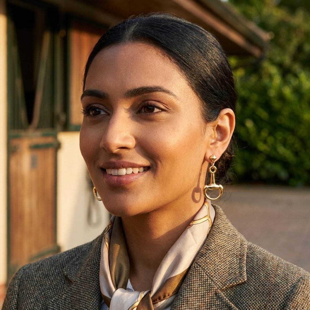 A smiling woman in a tweed coat and silk scarf stands in warm evening sunlight.