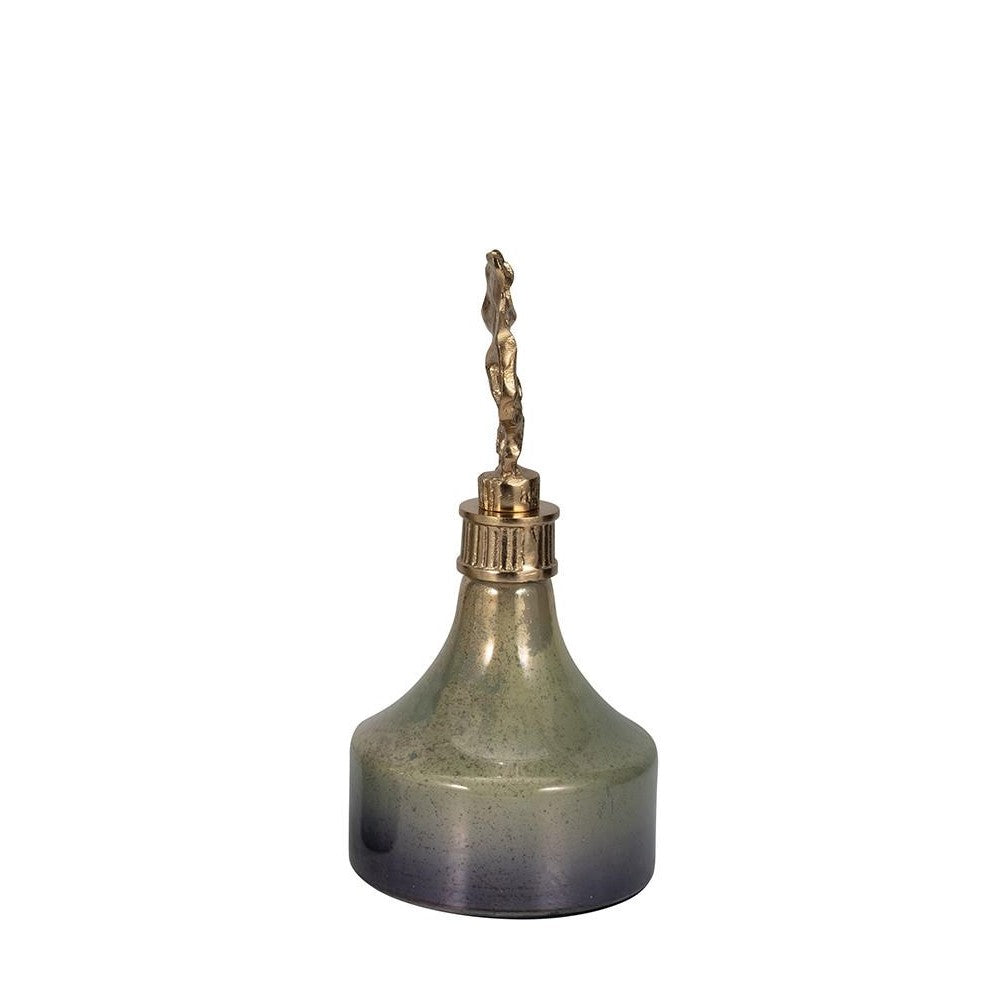 Green glass bottle with a brass spiral lid.