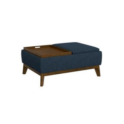 Mid-century modern ottoman with tray, navy upholstery and wooden legs.