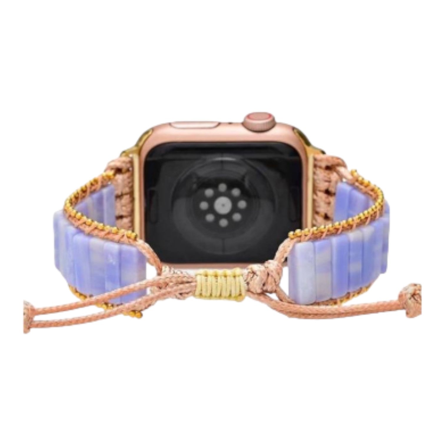 Smartwatch with a beaded and braided band featuring blue stones.