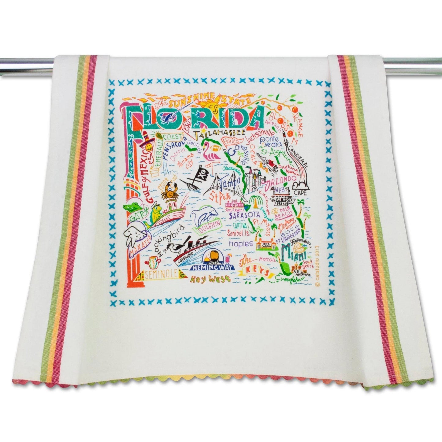 Map-themed tea towel with colorful Florida design.