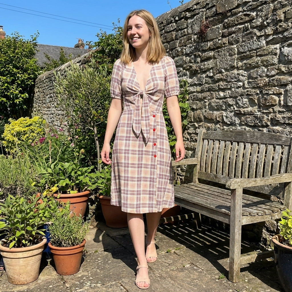 Woman in plaid dress walking in sunny garden by stone wall.