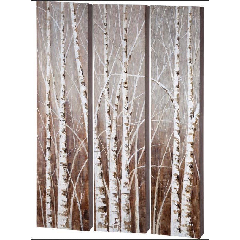 Painting of slender birch trees on three vertical panels.