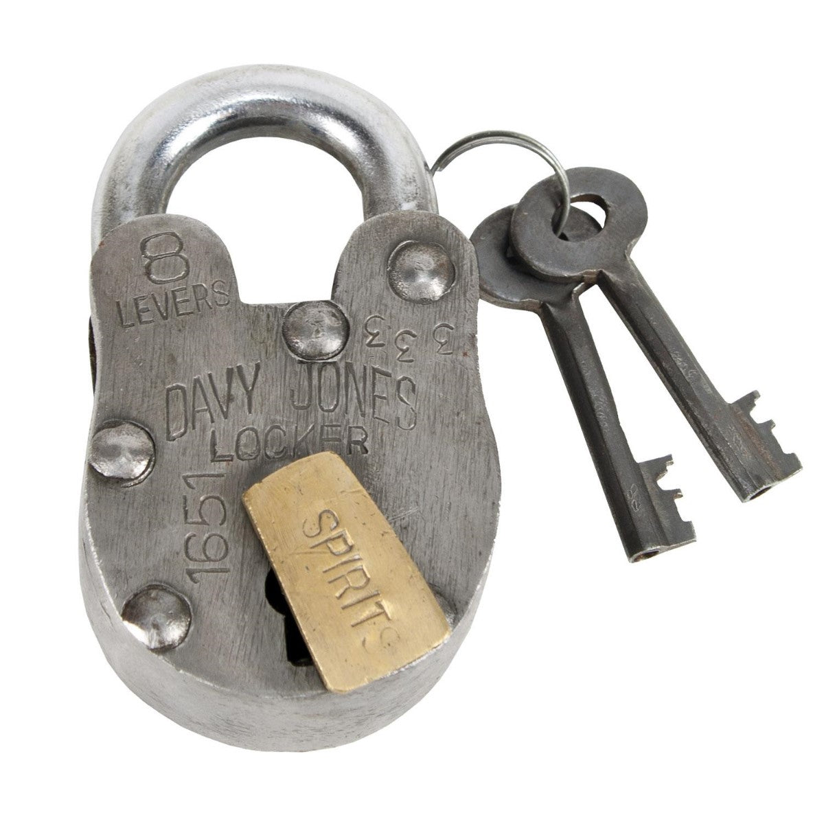 Vintage padlock and keys with "Davy Jones Locker" inscription.