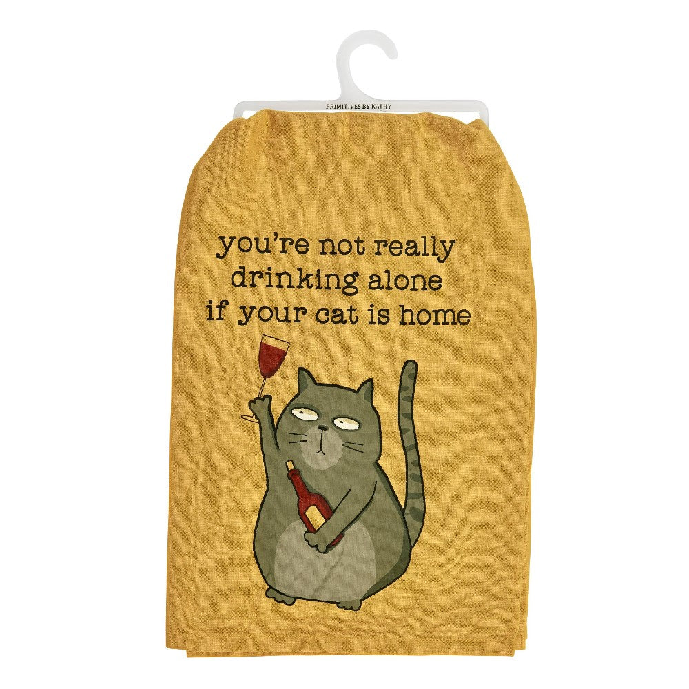 Cat-themed towel with a humorous message and illustration.
