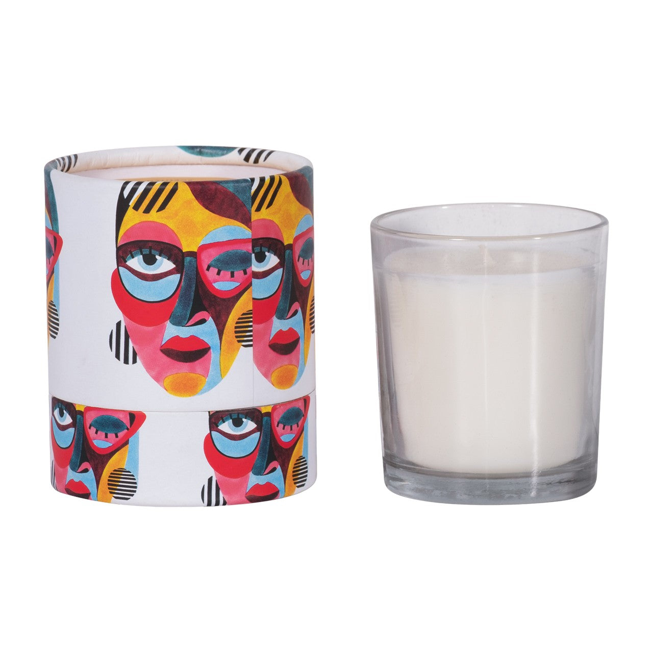 Glass candle with colorful abstract face illustration packaging.