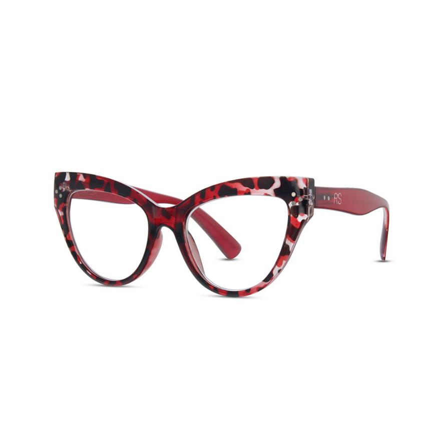 Red leopard-print cat-eye glasses on a white background.