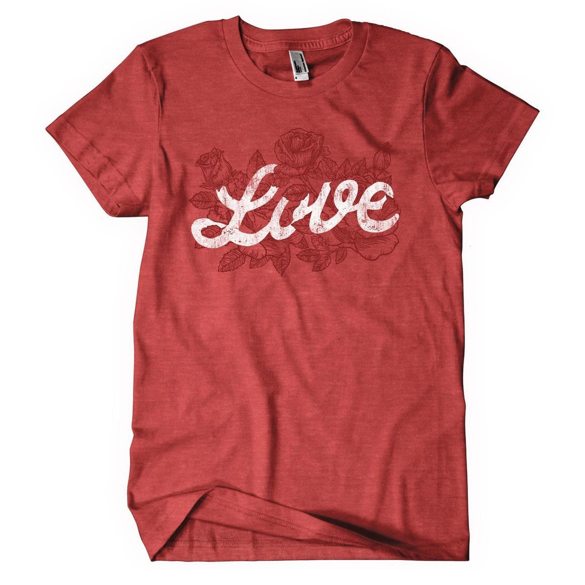 Red T-shirt with "Love" and floral design.
