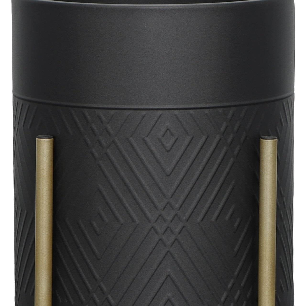 Black textured cylindrical object with gold rods attached.