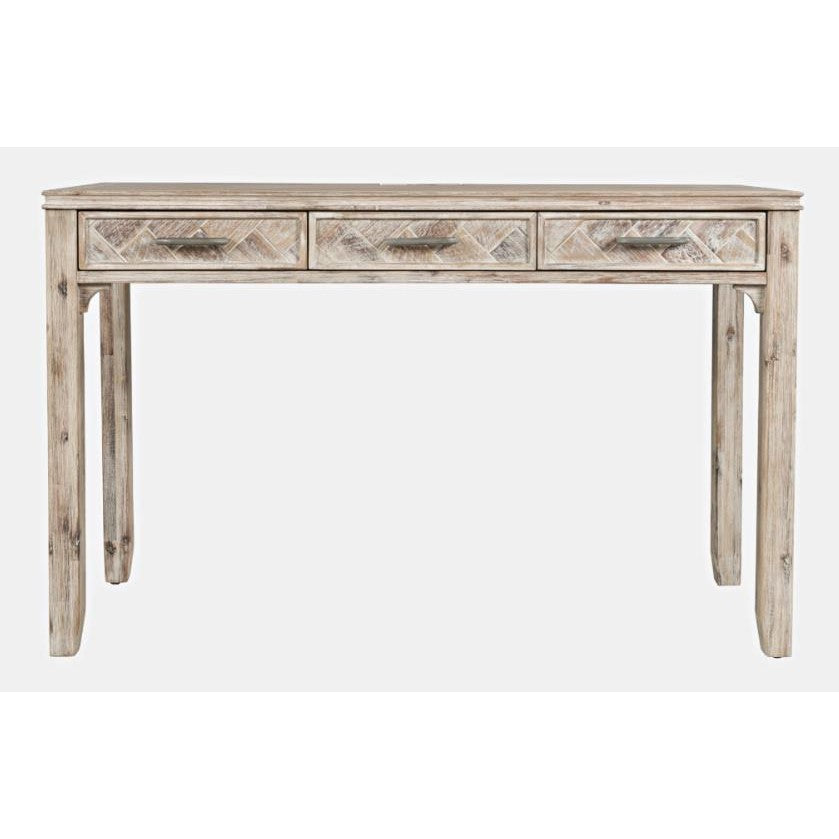 Rustic wooden console table with three drawers.