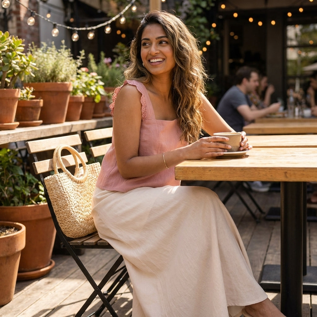 Woman smiling with coffee at an outdoor cafe with string lights.