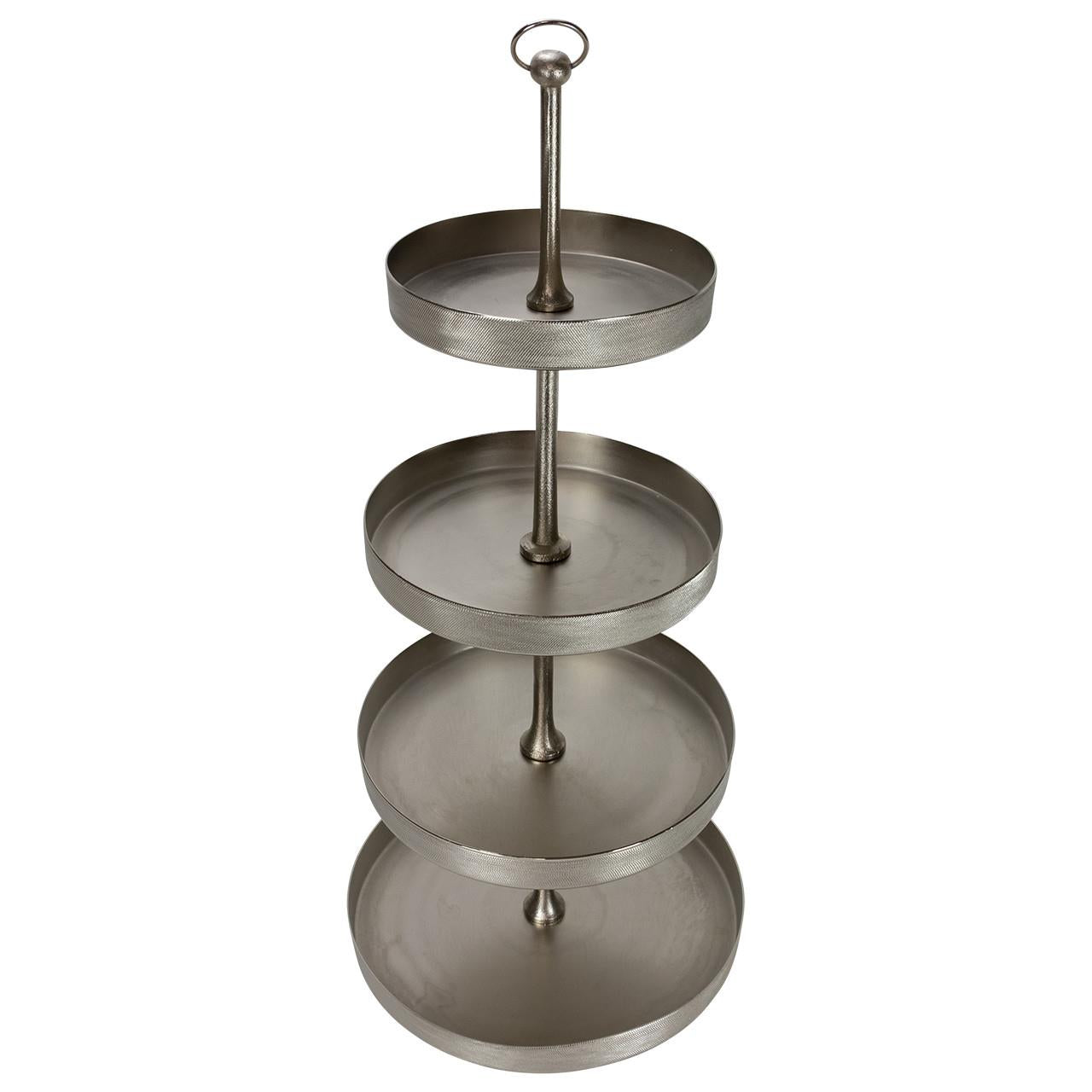 Four-tiered metal serving tray with round levels and a handle.