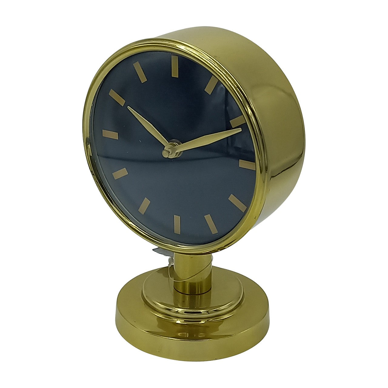 Golden desk clock with a dark face and simple hour markers.