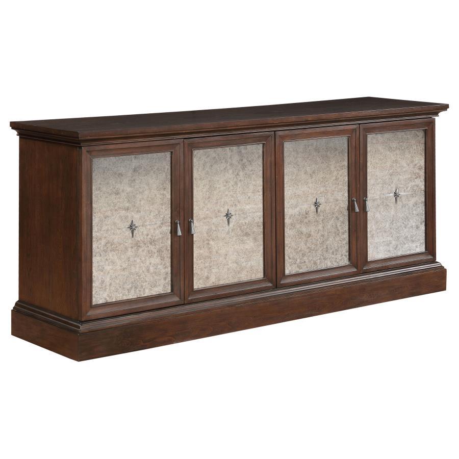 Elegant dark wood sideboard with textured mirrored doors.