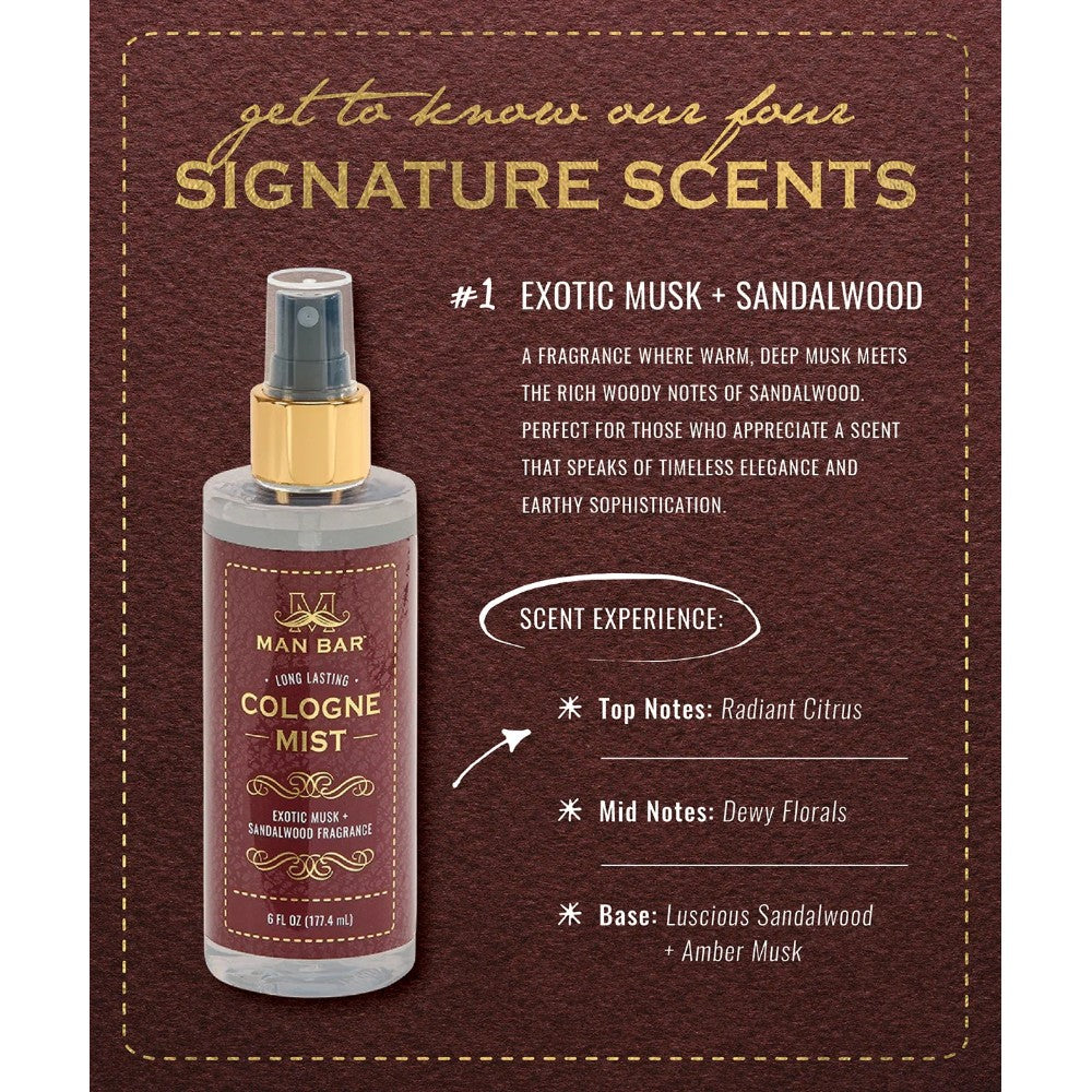 Man Bar Cologne Mist: Exotic musk and sandalwood fragrance, elegant and sophisticated.