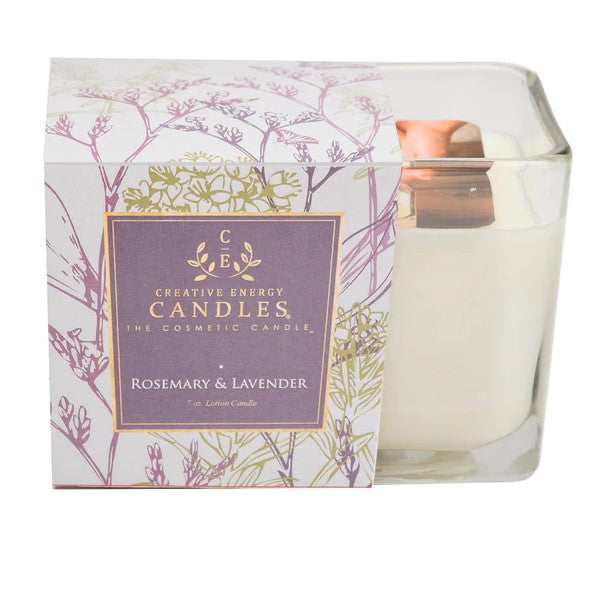 Candle in floral box, labeled "Rosemary & Lavender."