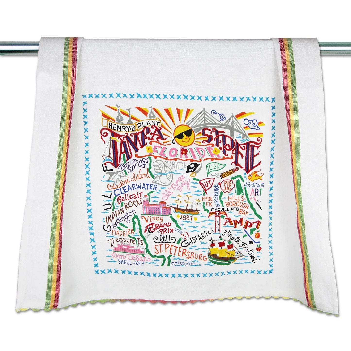 Colorful Tampa map towel with landmarks and sun design.