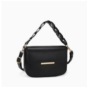 Black handbag with a braided handle and gold accents.