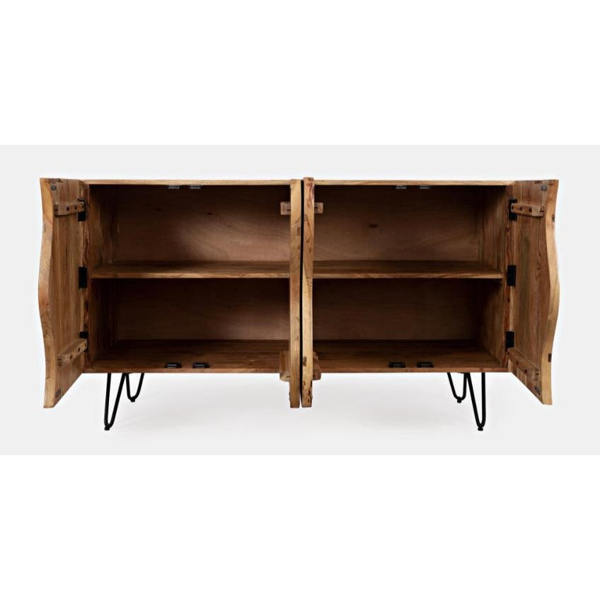 Wooden cabinet with open doors, interior shelves, and black metal legs.