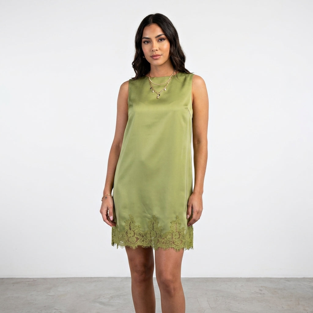 Lace Detail Satin Shift Dress, Size M