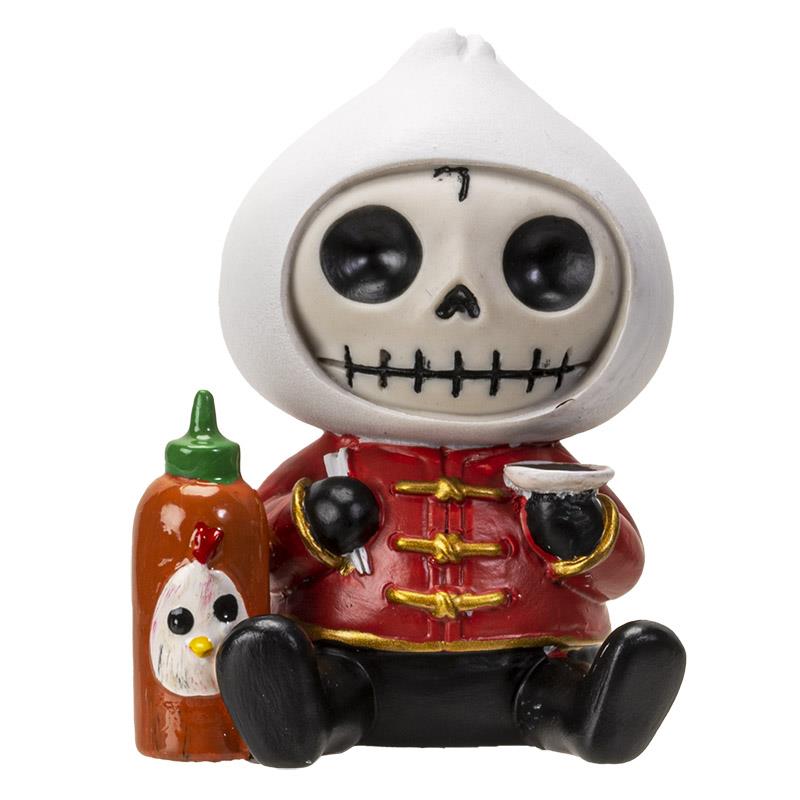 Cute skeleton doll in a red outfit with sauce and a bao head.