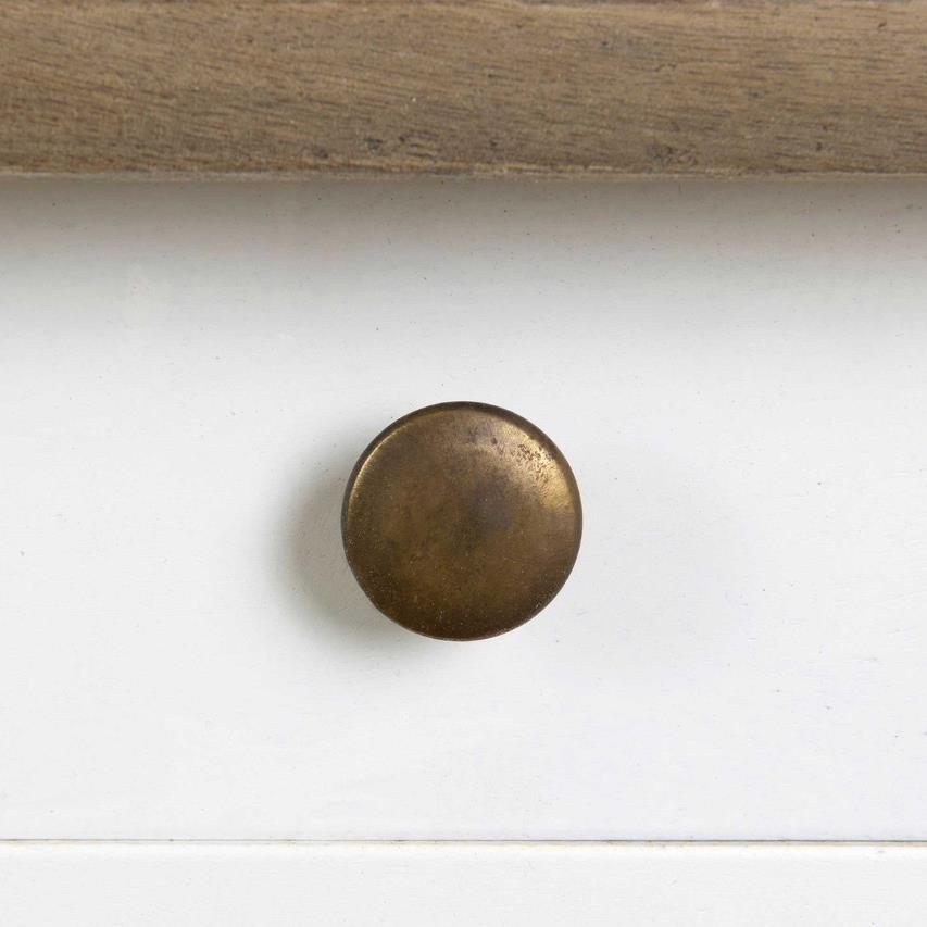 Round bronze drawer knob on a white surface.