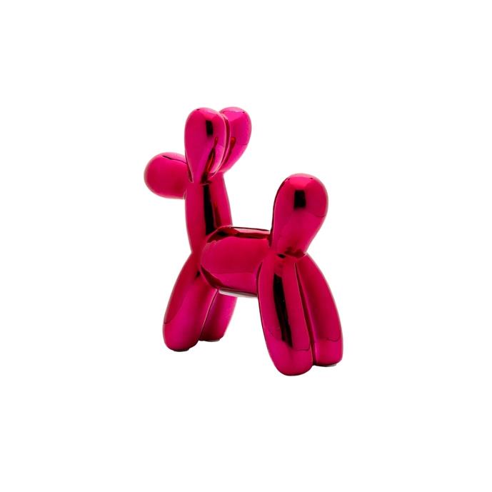 Pink balloon dog sculpture on a white background.