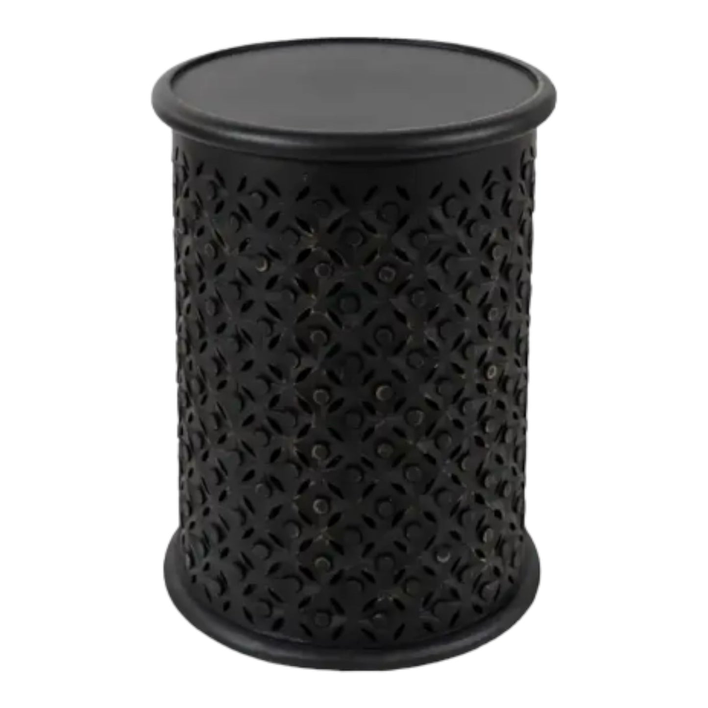 Black cylindrical stool with intricate cut-out pattern.