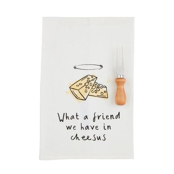 Tea towel with cheese pun, "What a friend we have in cheesus," and cheese knife.