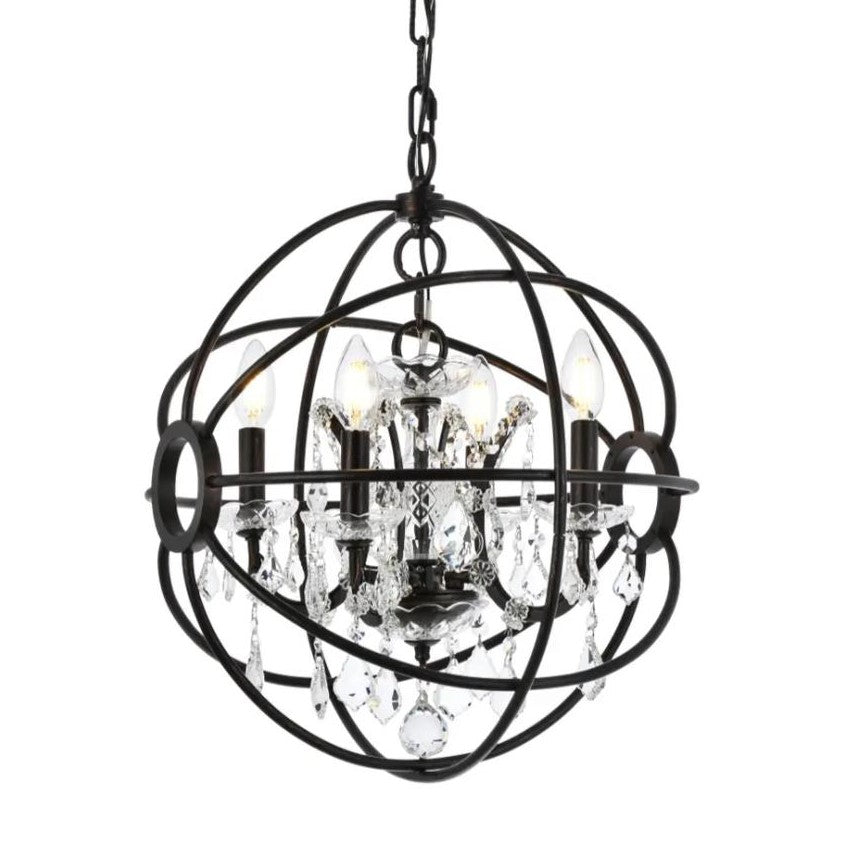 Spherical cage chandelier with crystals and exposed bulbs.